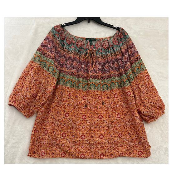 LRL Ralph Lauren Orange Print Top 1X Cotton Boho Peasant Tassel - Picture 1 of 8